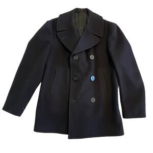US Navy Peacoat Kersey Black Wool 36R Sz Medium Double Breasted Button Missing